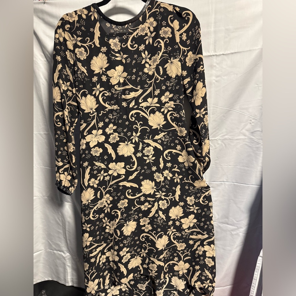 Who What Wear Black and Cream Floral Long Sleeve Dress with Faux Leather Trim
